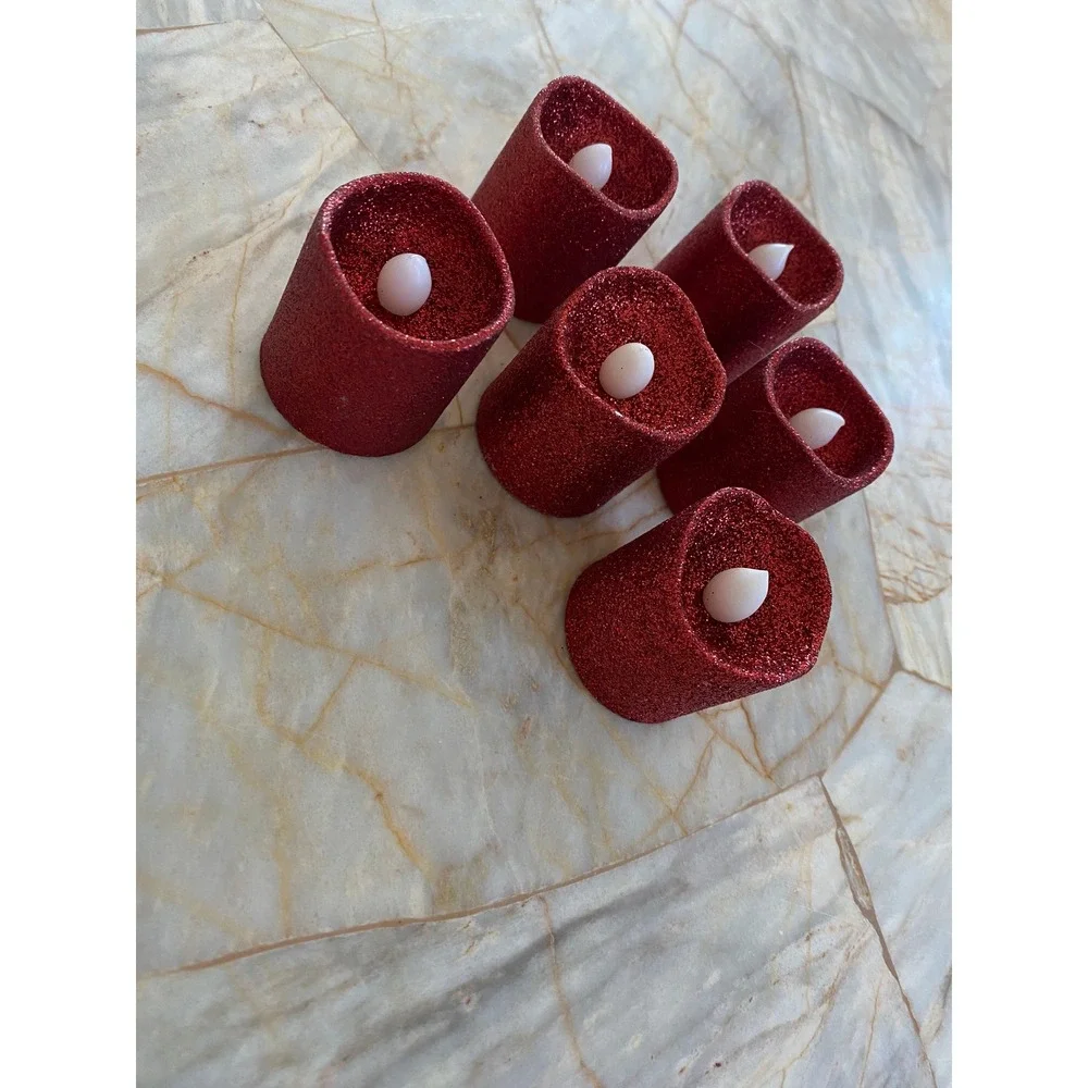Set of 6 Red Glitter Flameless LED Tea Light Candles Battery Operated Festive